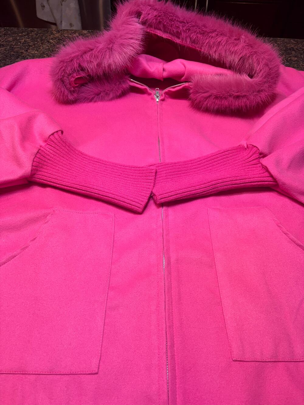 Hot Pink Zip Up Jacket Faux Fur Trim on Hood Size 2XL Runs Big